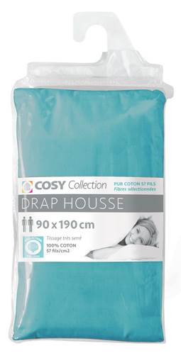 Drap housse 90x190<BR>100% coton<BR>Turquoise