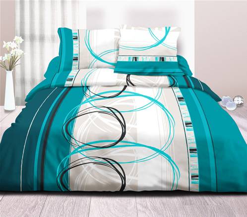 Parure 4 pièces <BR>Pur coton 57 fils <BR>ROUE LIBRE TURQUOISE