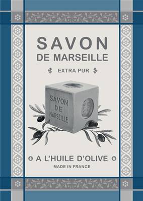 Torchon Jacquard tissé teint 50x70 cm <BR>100% coton qualité supérieure<BR>SAVON DE MARSEILLE bleu
