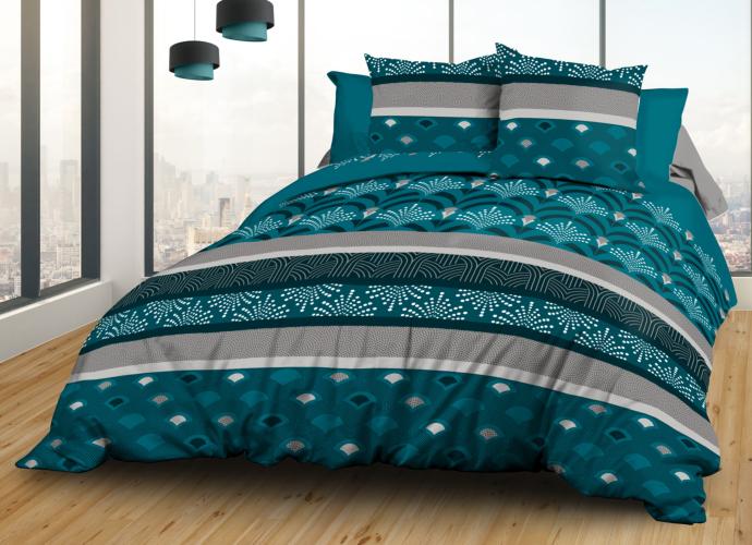 Parure 4 pièces <BR>Pur coton 57 fils <BR>Phenix bleu