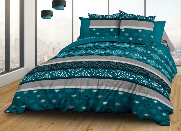 Housse de couette 220x240 + 2 taies <BR>Pur coton 57 fils <BR>Phenix bleu