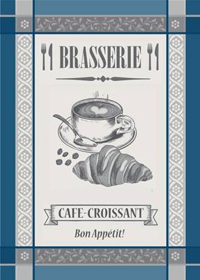 Torchon Jacquard tissé teint 50x70 cm <BR>100% coton qualité supérieure<BR>CAFE CROISSANT bleu