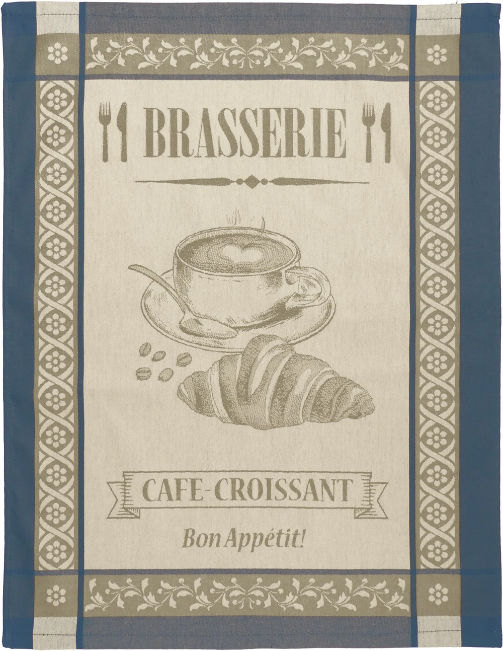Torchon Jacquard tissé teint 50x70 cm <BR>100% coton qualité supérieure<BR>CAFE CROISSANT bleu