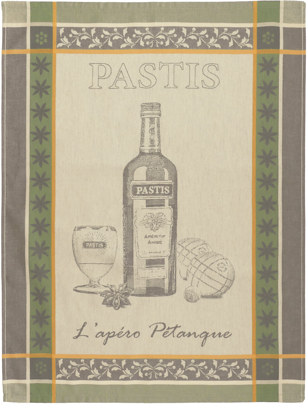 Torchon Jacquard tissé teint 50x70 cm <BR>100% coton qualité supérieure<BR>PASTIS vert