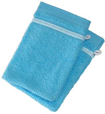 Lot de 2 gants de toilette<BR>100% Coton - 550 gr/m2<BR>Turquoise Avec Liserets Blanc