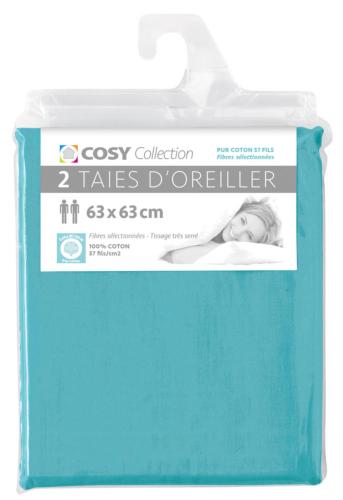 Lot de 2 taies d'oreiller 63x63<BR>100% coton<BR>Turquoise