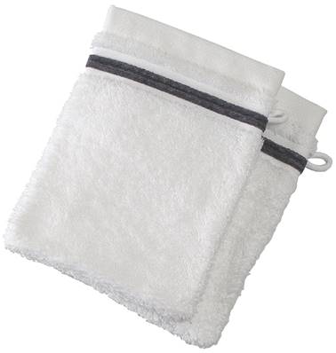 Lot de 2 gants de toilette<BR>100% Coton - 550 gr/m2<BR>Blanc Avec Liserets Gris