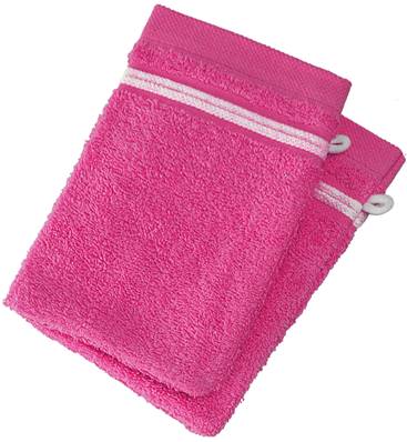 Lot de 2 gants de toilette<BR>100% Coton - 550 gr/m2<BR>Fuchsia Avec Liserets Blanc