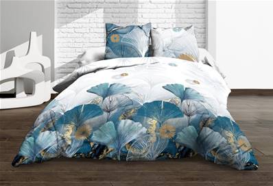 Housse de couette 240x260 + 2 taies <BR>Pur coton 57 fils <BR>Ginko bleu