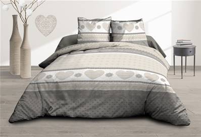 Parure 4 pièces <BR>Pur coton 57 fils <BR>Coeurs gris