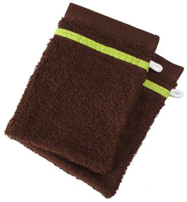 Lot de 2 gants de toilette<BR>100% Coton - 550 gr/m2<BR>Chocolat Avec Liserets Anis