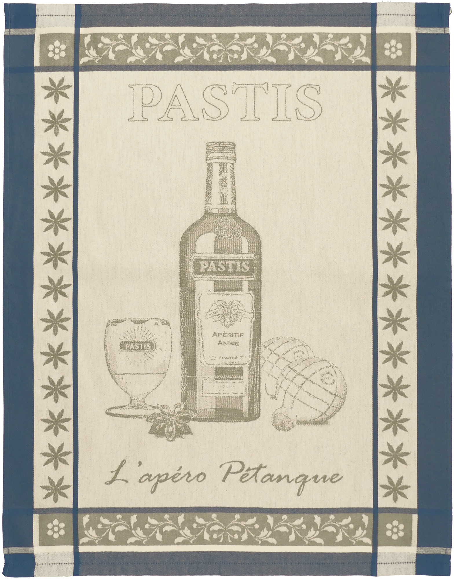 Torchon Jacquard tissé teint 50x70 cm <BR>100% coton qualité supérieure<BR>PASTIS bleu
