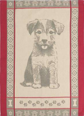 Torchon Jacquard tissé teint 50x70 cm <BR>100% coton qualité supérieure<BR>CHIEN rouge