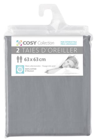 Lot de 2 taies d'oreiller 63x63<BR>100% coton<BR>Gris